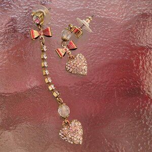 Betsey Johnson Mismatched Pave/Gold Heart Dangle Earrings